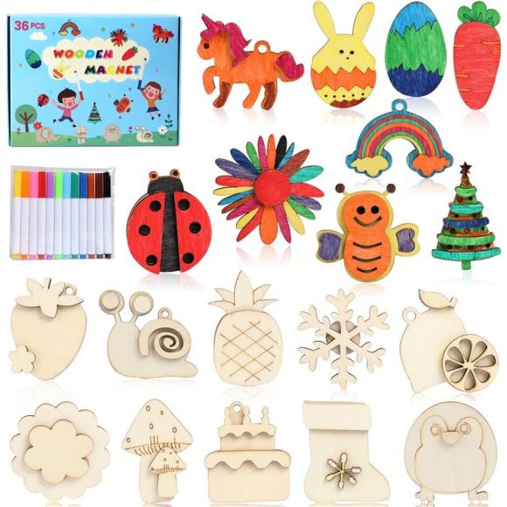 DIY Wooden Magnets, 36 pcs Wooden Art Craft Supplies Painting Kit